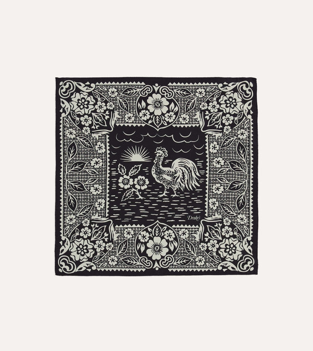 Navy Cockerel Print Silk Pocket Square