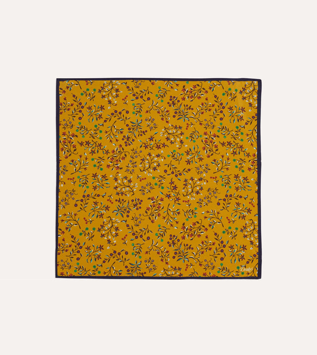 Yellow Floral Print Silk Pocket Square