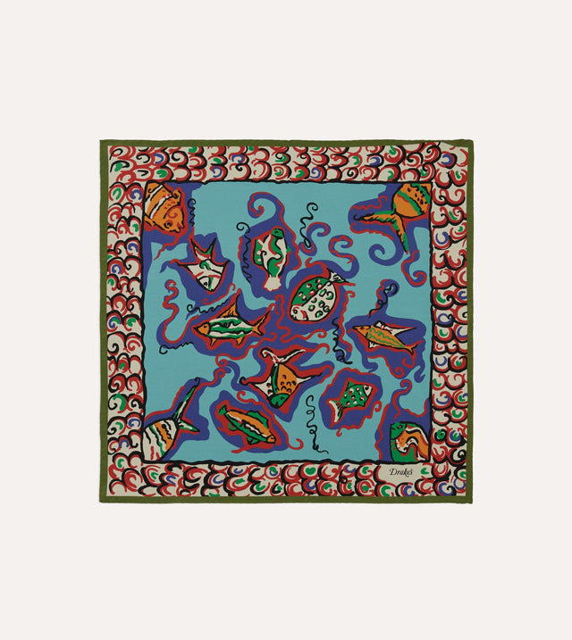 Teal Fish Print Silk Pocket Square