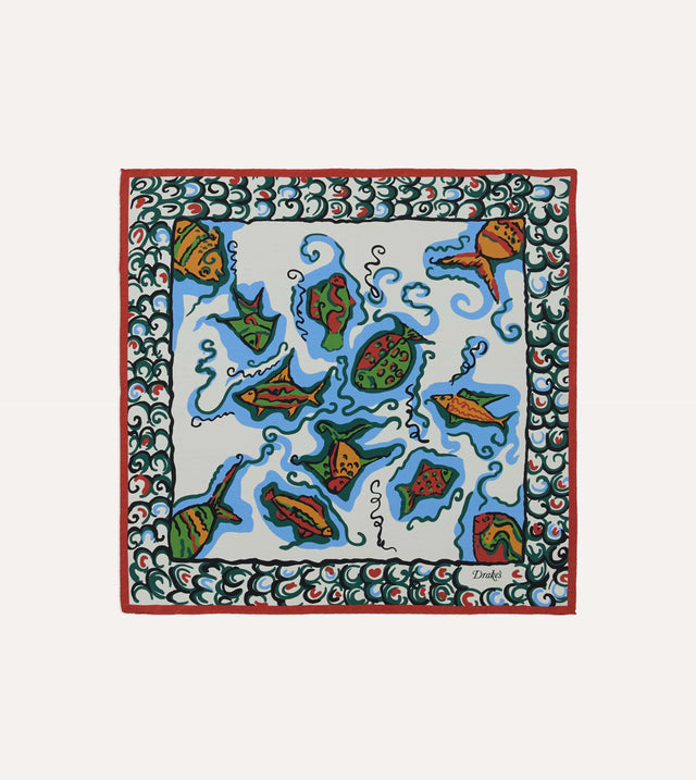 Ecru Fish Print Silk Pocket Square