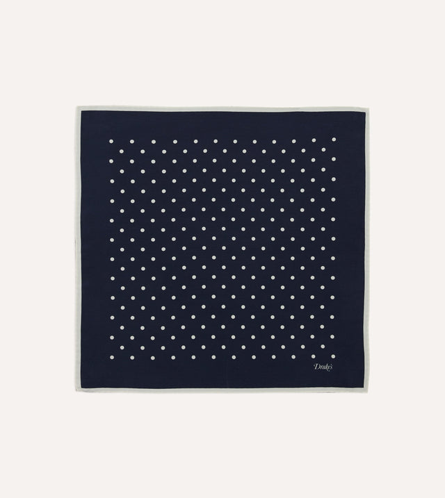 Navy Polka Dot Print Silk Pocket Square