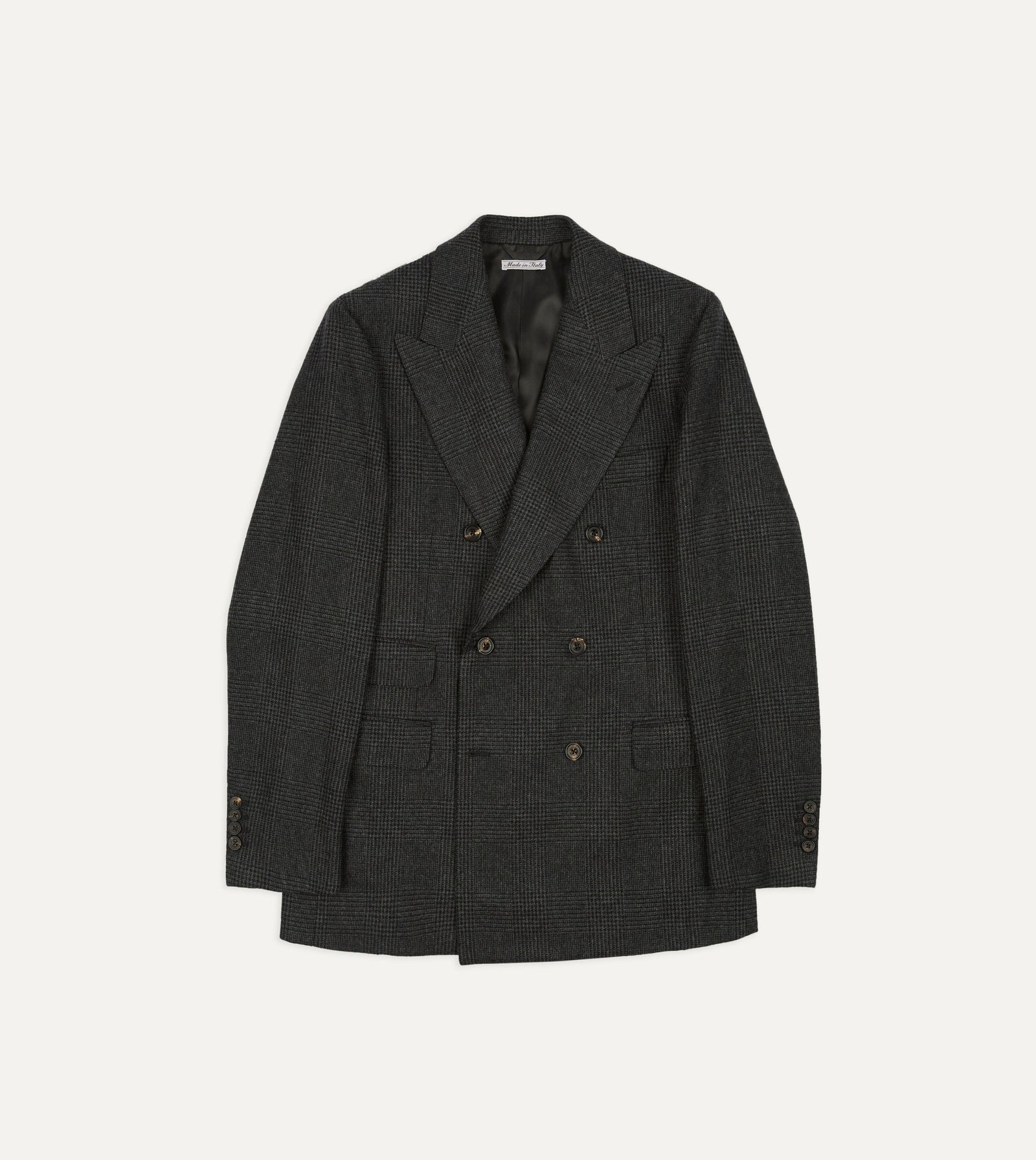 Grey Prince Of Wales Check Wool Flannel Double Breasted Tailored Jacket
