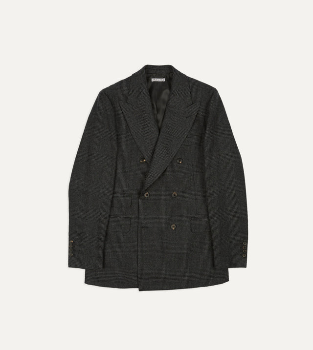 Grey Prince of Wales Check Wool Flannel Double-Breasted Tailored Jacket