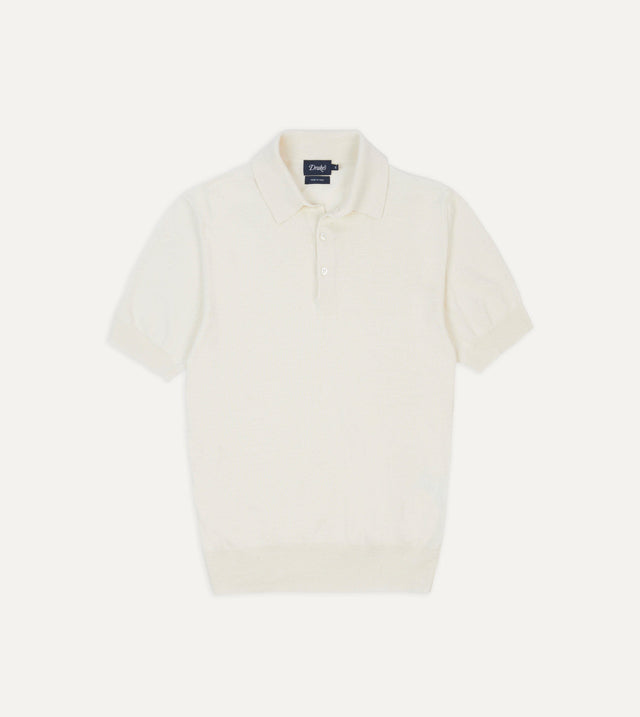 Ecru Knitted Crepe Cotton Short-Sleeve Polo Shirt