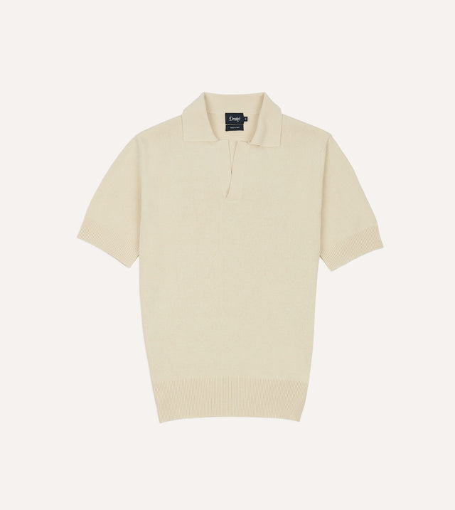 Ecru Knitted Silk Short-Sleeve Polo Shirt