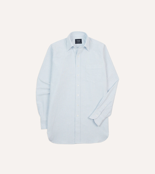 Light Blue and White Ticking Stripe Cotton Oxford Cloth Long Point Collar Shirt