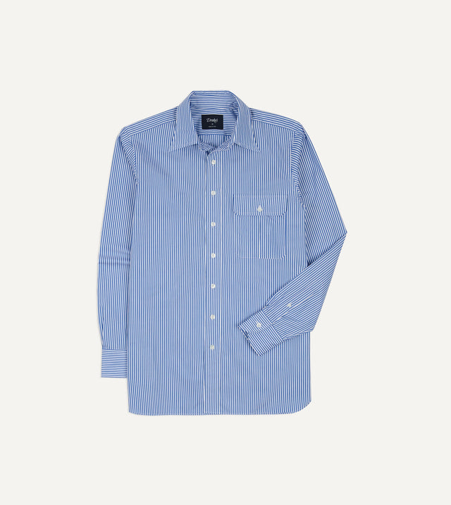 Blue and White Stripe Long Point Collar Flap Pocket Poplin Shirt