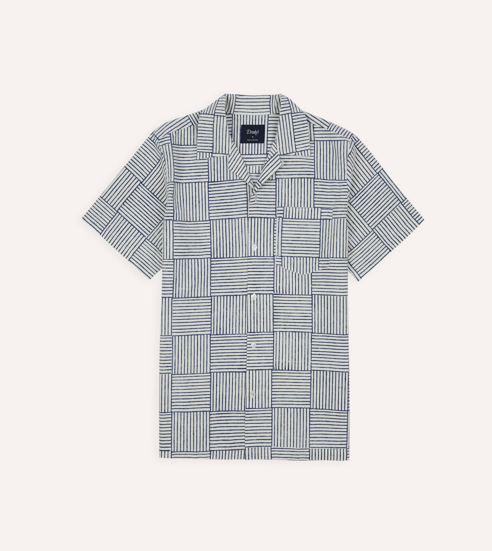 Weave Block Print Cotton Camp Collar Short Sleeve Shirt