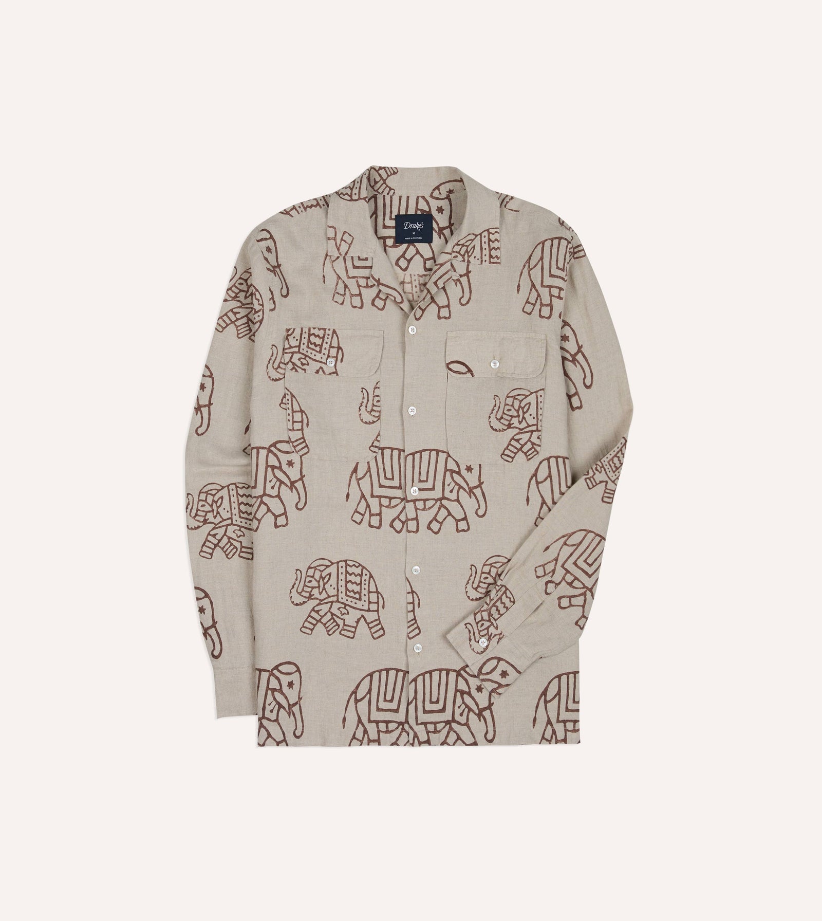 Elephant Block Print Linen Camp Collar Long Sleeve Shirt