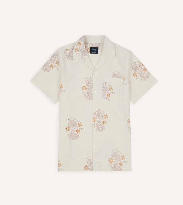 Ecru Floral Block Print Cotton Camp Collar Short Sleeve Shirt