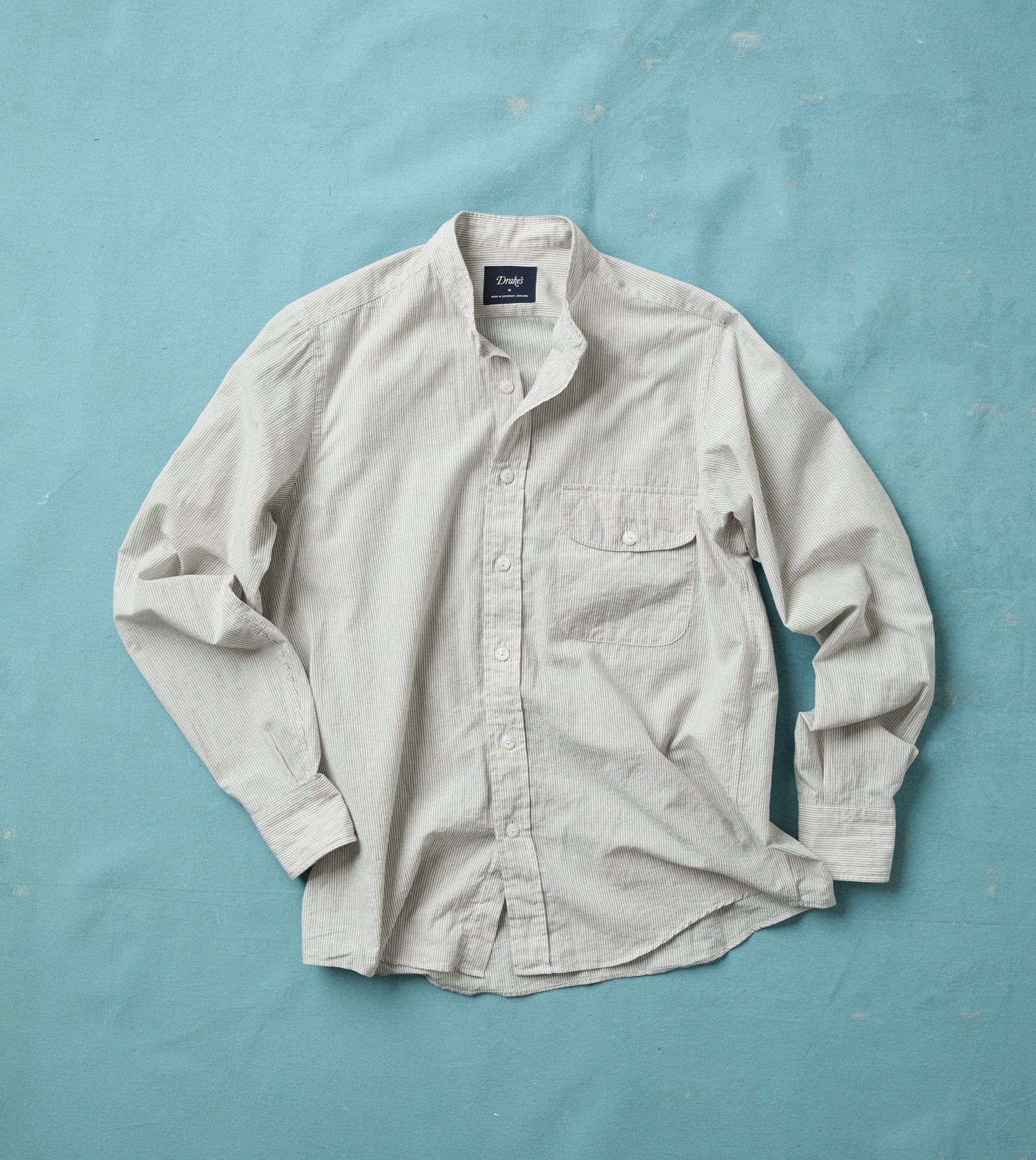 And Navy Stripe Cotton Mandarin Collar Shirt