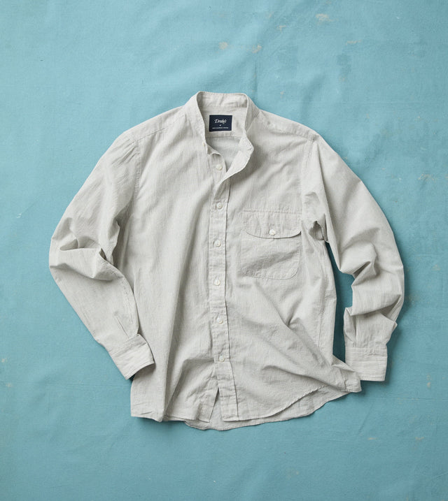 White and Navy Stripe Cotton Mandarin Collar Shirt