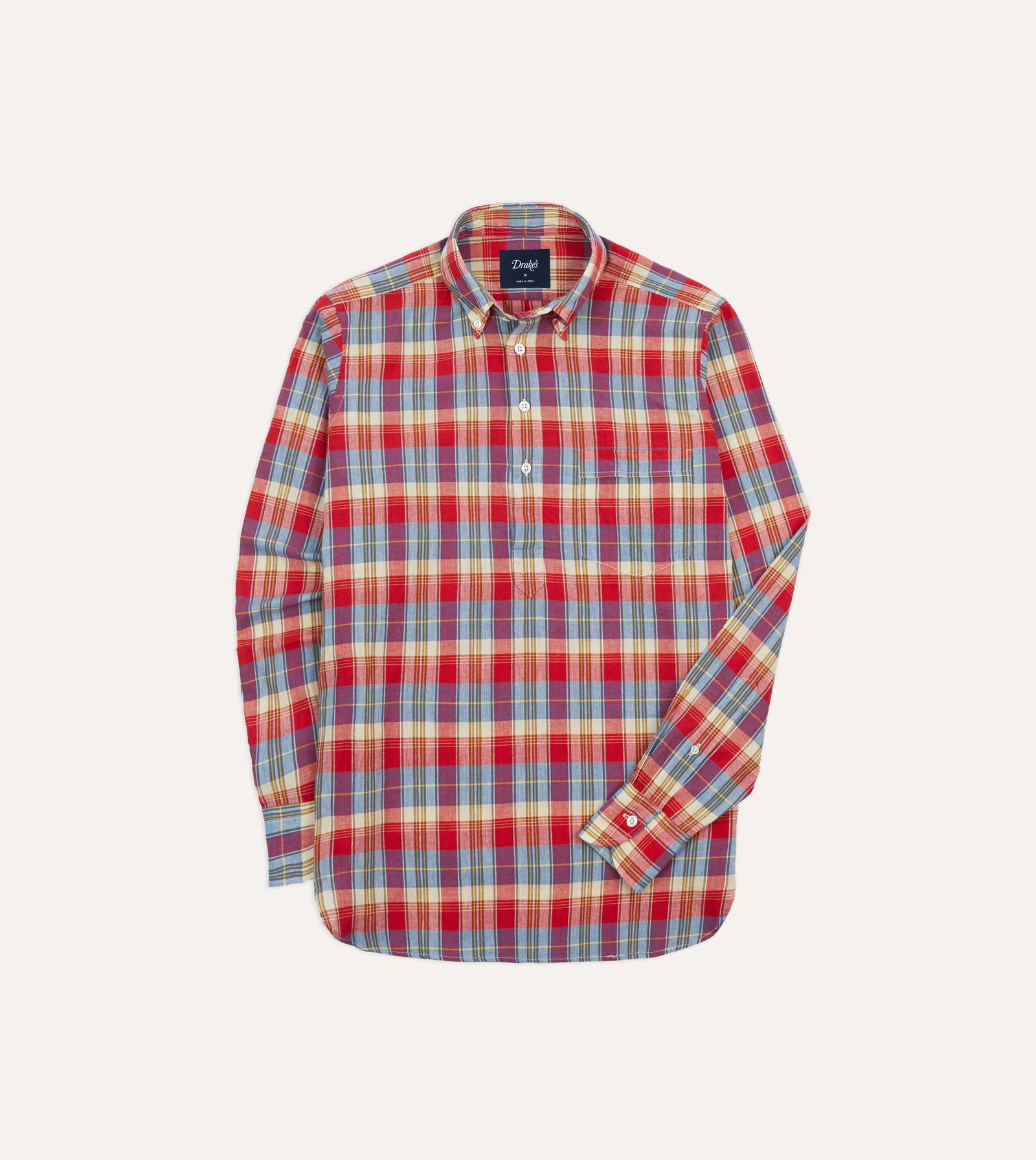 Red And Blue Madras Check Cotton Button Down Popover Shirt