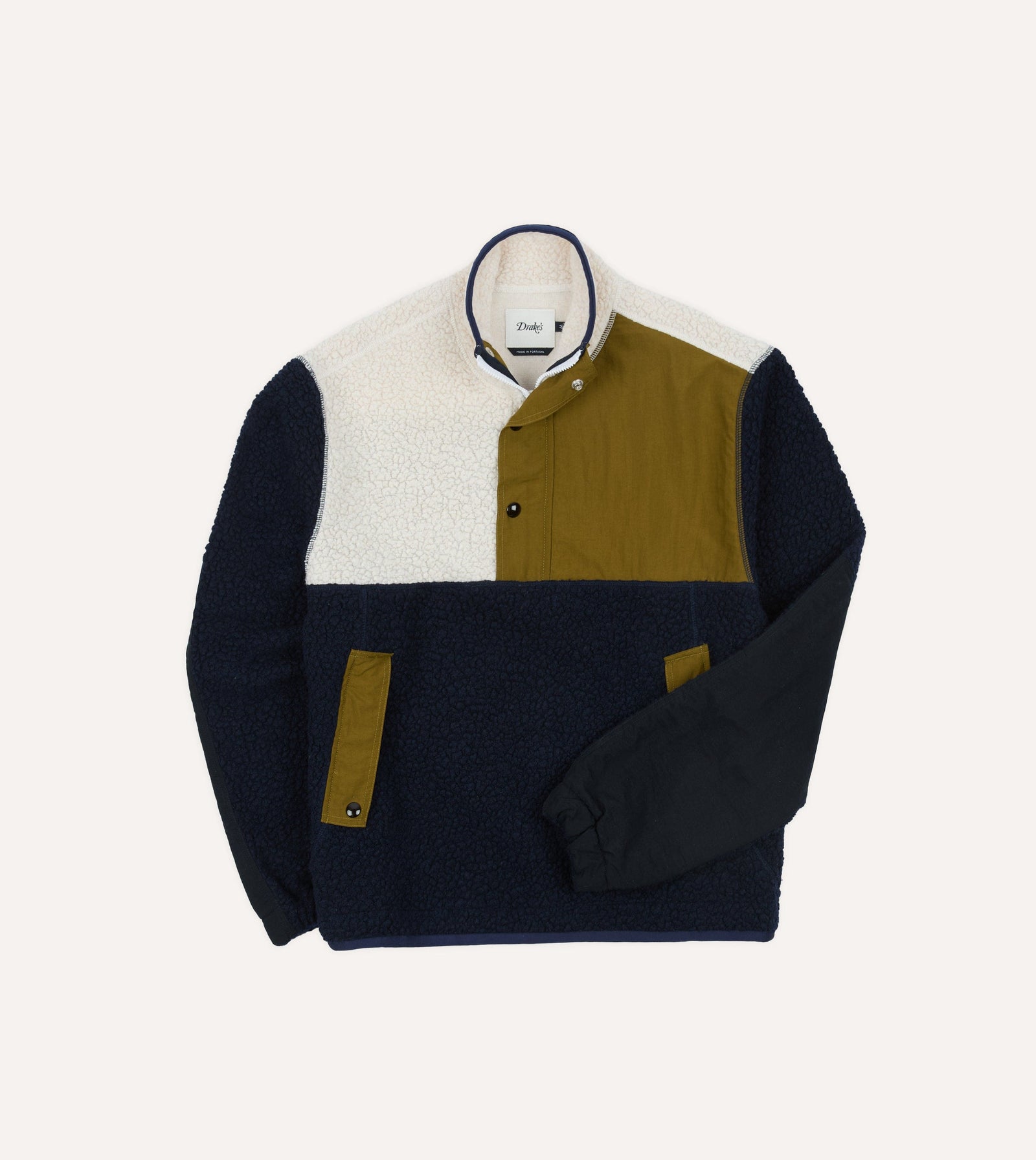 Ecru And Khaki Boucle Wool Half Zip Fleece Jacket