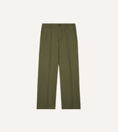 Green Herringbone Cotton Wide Leg Flat Front Chino