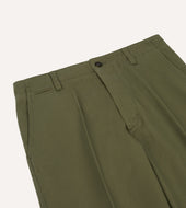 Green Herringbone Cotton Wide Leg Flat Front Chino