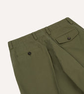 Green Herringbone Cotton Wide Leg Flat Front Chino