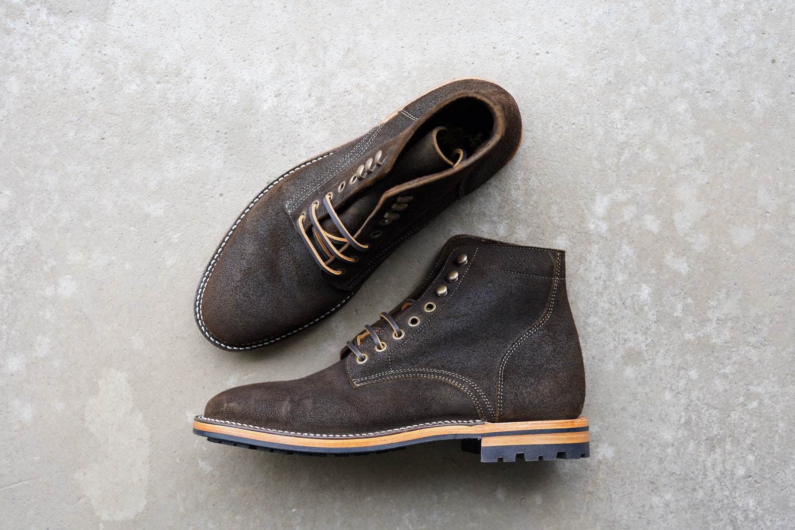 The Allen Stitchdown Dark Waxed Rough Out