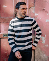 7.5oz Cotton Long-Sleeved Crew Neck Border Tee - Black and White Stripes