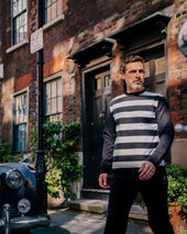 7.5oz Cotton Long-Sleeved Crew Neck Border Tee - Striped Body with Black Arms