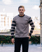 11oz Cotton Knit Long-Sleeved Sweater - Grey Body with Stripes