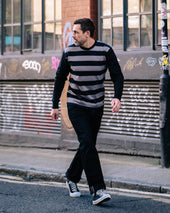 11oz Cotton Knit Long-Sleeved Sweater - Striped Body with Black Arms