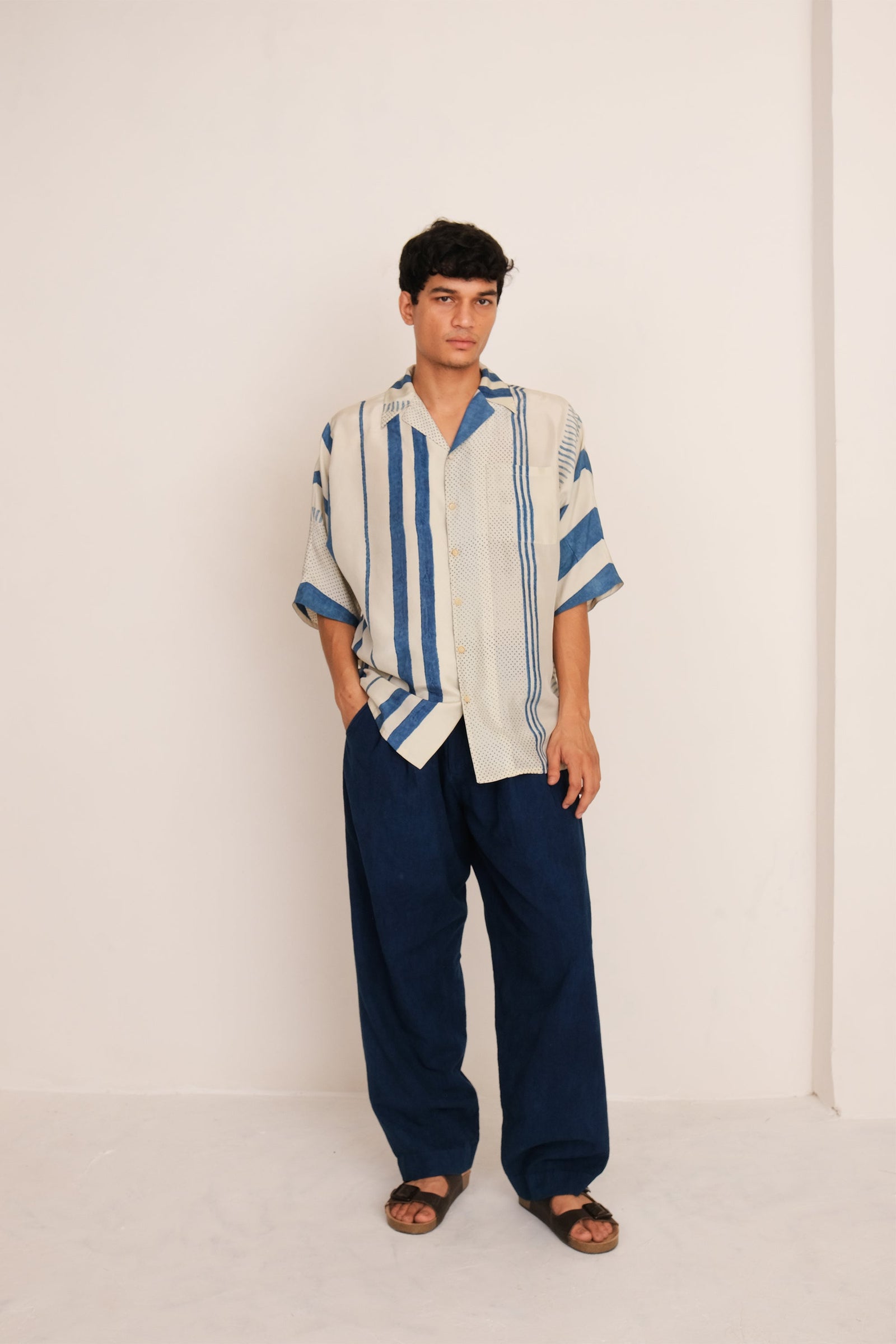 Ecru Silk Block Printed Shirt
