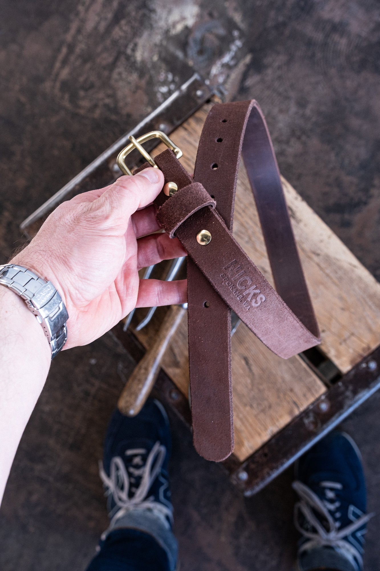 In Stock - Classic Work Belt / 1964 Mahogany Roughout / 1.25” / Waist Size 30 (Belt Size 34)