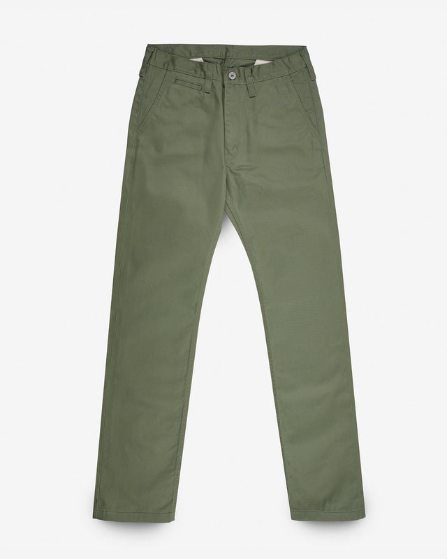 9oz Mercerised Selvedge Cotton Slim Tapered Chinos - Olive