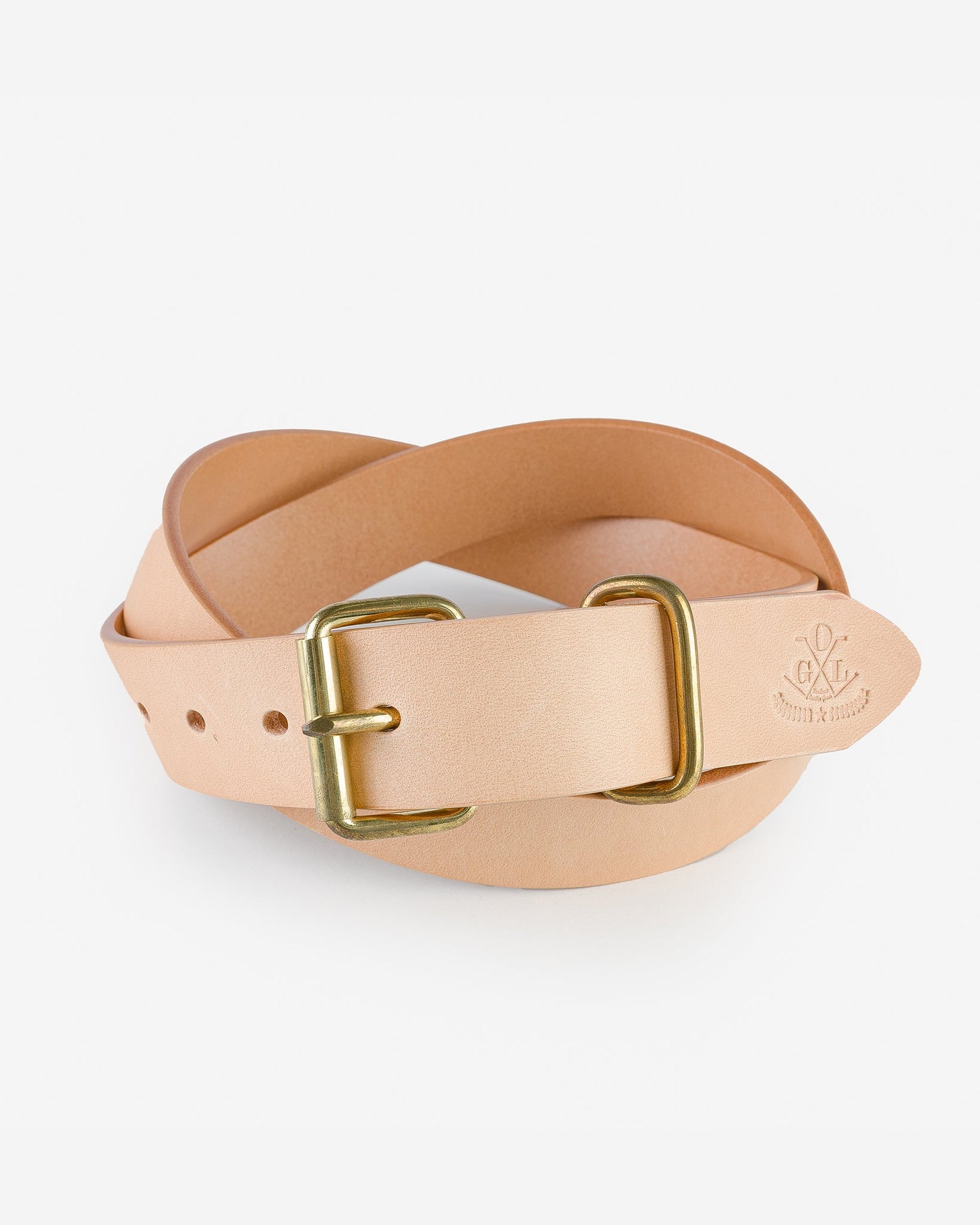 OGL Single Prong Brass Roller Buckle Leather Belt - Natural