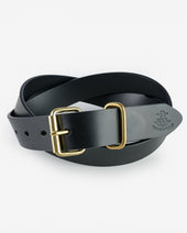OGL Single Prong Brass Roller Buckle Leather Belt - Full Dyed Black