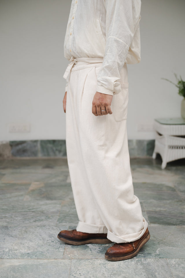 Ecru Wide-Leg Organic Cotton Trousers