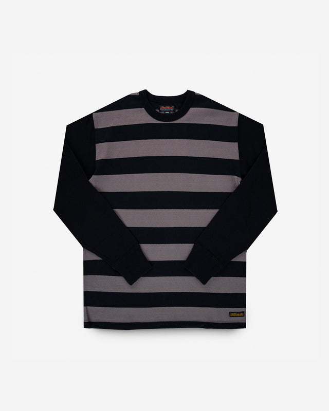 11oz Cotton Knit Long-Sleeved Sweater - Striped Body with Black Arms