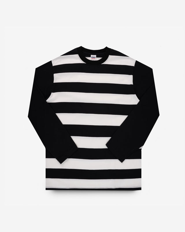 7.5oz Cotton Long-Sleeved Crew Neck Border Tee - Striped Body with Black Arms