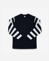 7.5oz Cotton Long-Sleeved Crew Neck Border Tee - Black Body with Striped Arms