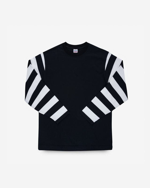 7.5oz Cotton Long-Sleeved Crew Neck Border Tee - Black Body with Striped Arms