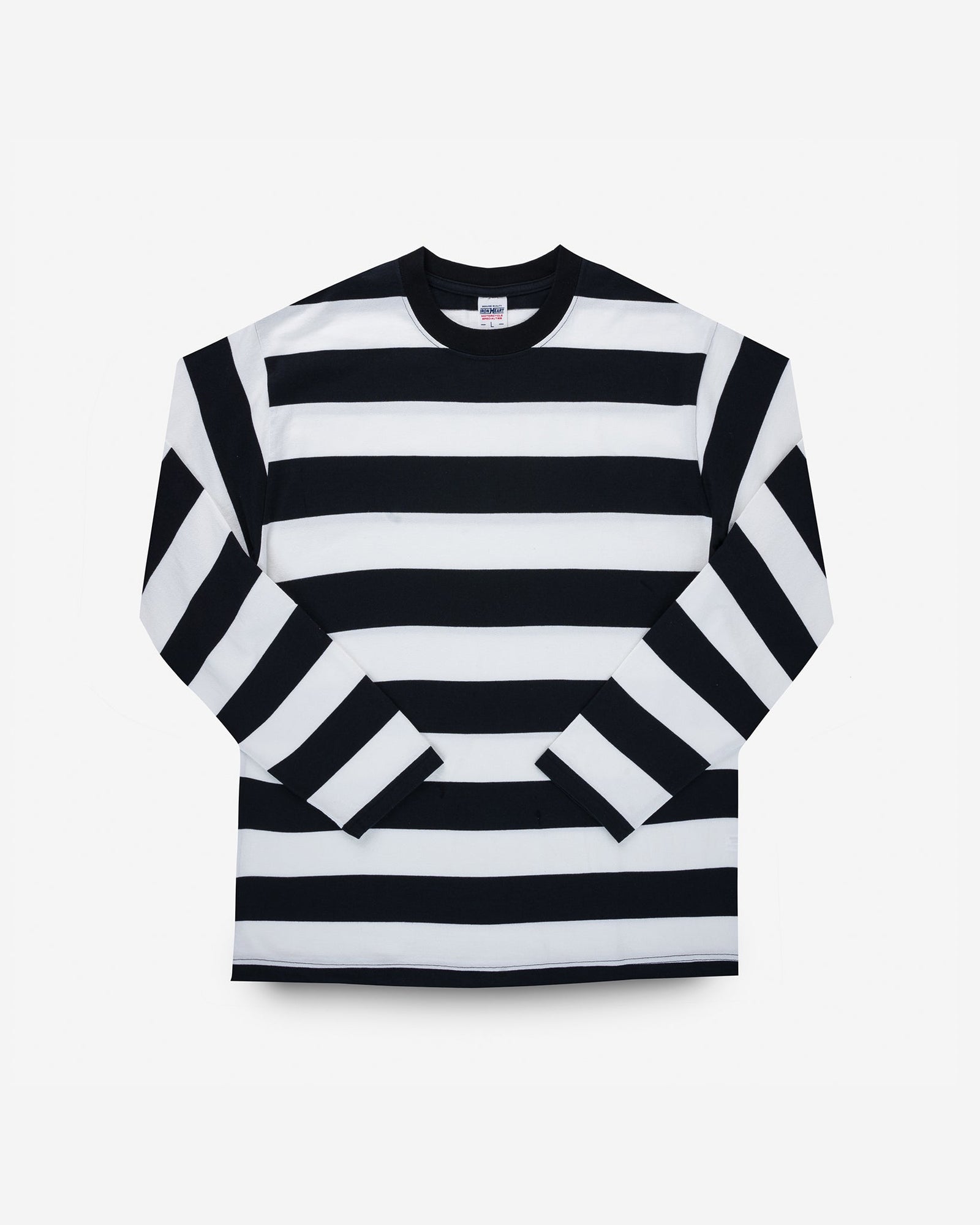 7.5oz Cotton Long-Sleeved Crew Neck Border Tee - Black and White Stripes