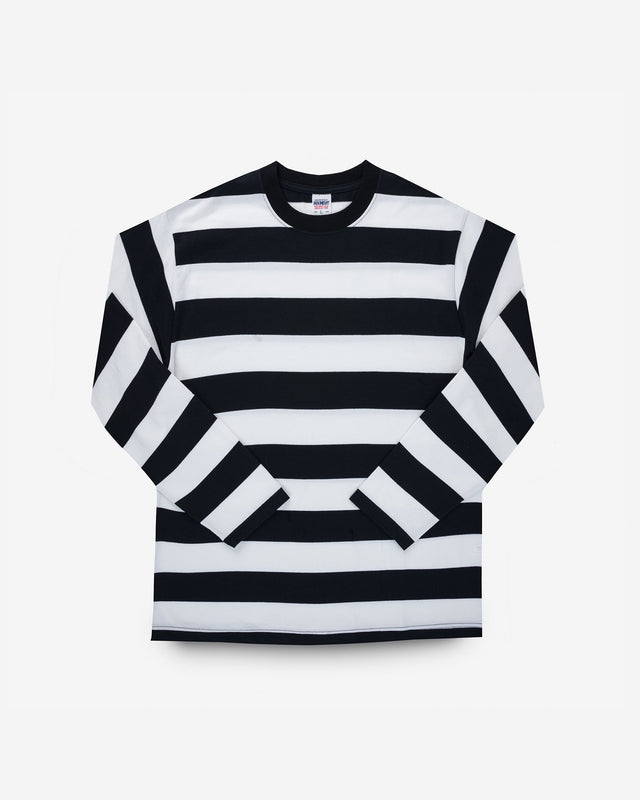 7.5oz Cotton Long-Sleeved Crew Neck Border Tee - Black and White Stripes