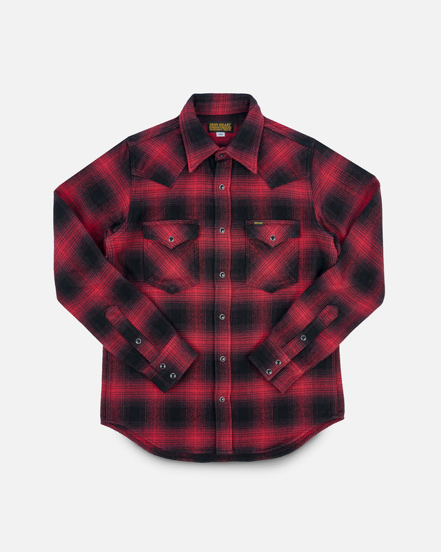 Ultra Heavy Flannel Ombré Check Western Shirt - Red/Black