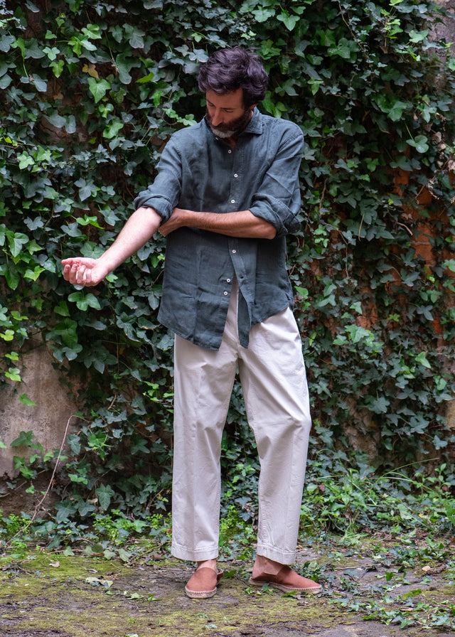 Dark Green Linen Cutaway Shirt