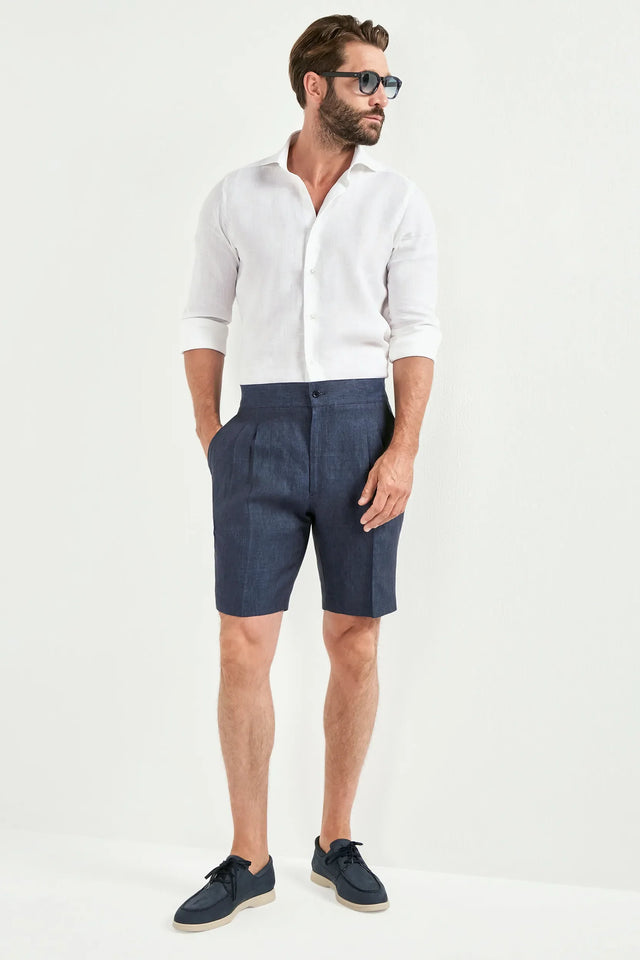 Denim blue linen relaxed shorts - Made in Italy