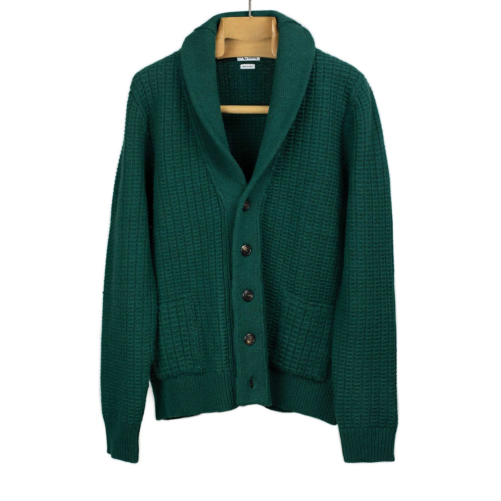 Aaureliano Shawl Collar Cardigan In Deep Green Waffle Knit Wool