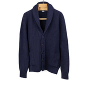 Aaureliano shawl collar cardigan in navy blue waffle-knit wool