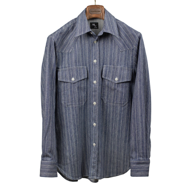 Aantide work shirt in multi-striped indigo broken twill cotton mix