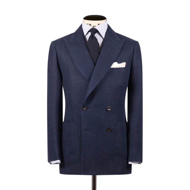 Double Breasted Peak Lapel Jacket in Navy Blue Hopsack