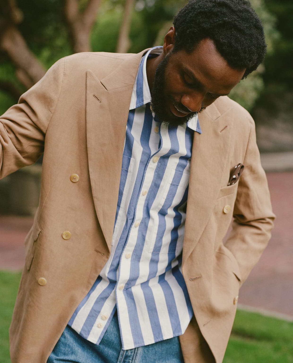 And White Awning Stripe Cotton Long Point Collar Shirt