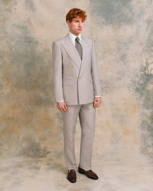 Silver Linen Blend Low Double-Breasted Suit