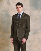 Brown Linen Blend Broad Stripe Drape Suit