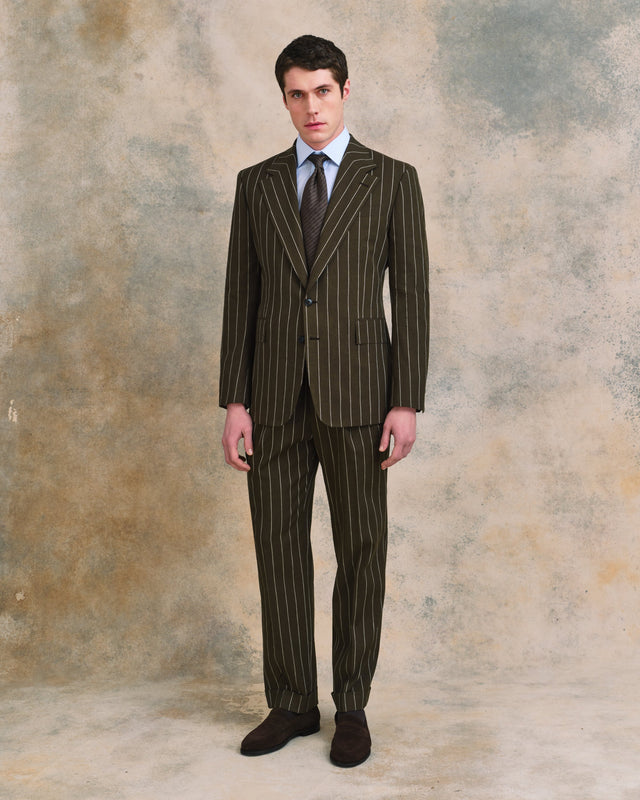 Brown Linen Blend Broad Stripe Drape Suit