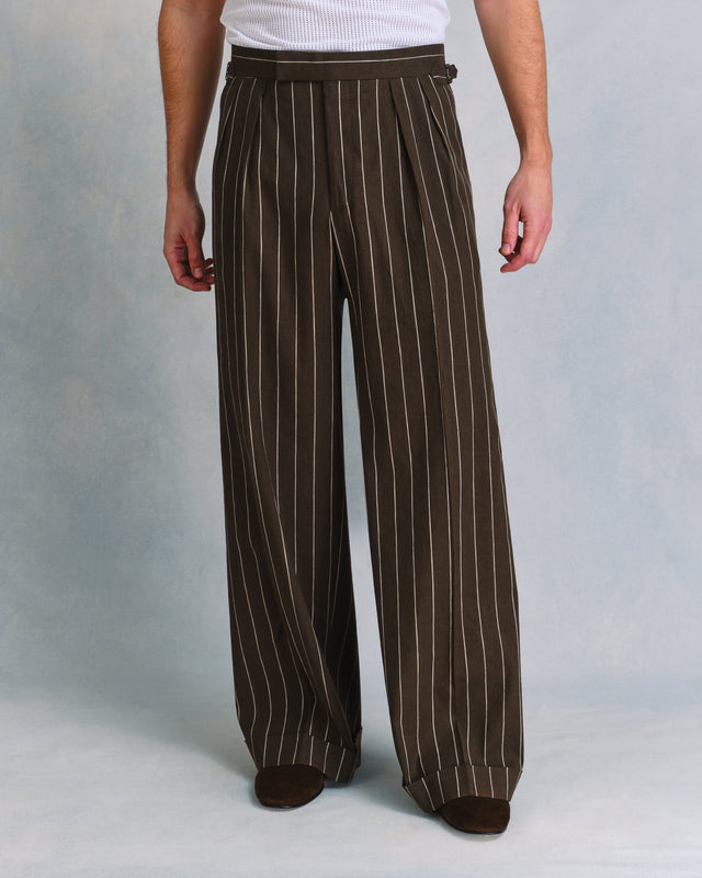Brown Linen Blend Broad Stripe Oxford Bags